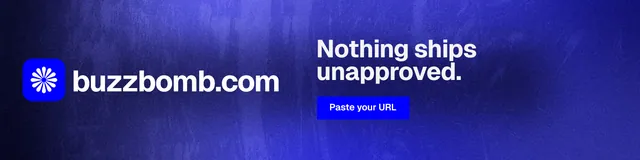 LinkedIn banner for BuzzBomb: "Nothing ships unapproved." Swiss style, logo hero layout, dark palette in blue.