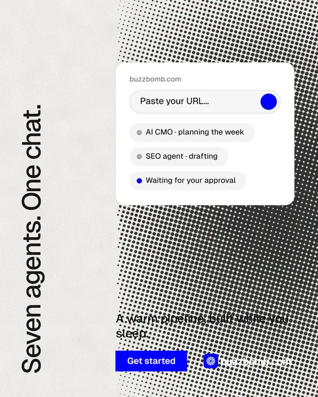 Instagram portrait post for BuzzBomb: "Seven agents. One chat." Swiss style, vertical layout, light palette in grey, white.