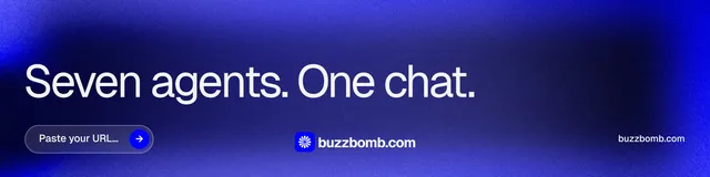 LinkedIn banner for BuzzBomb: "Seven agents. One chat." Agentic glass style, poster layout, dark palette in blue.