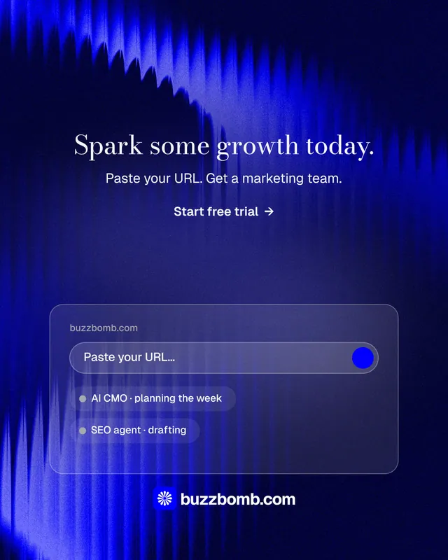Instagram portrait post for BuzzBomb: "Spark some growth today." Minimal luxury style, centred layout, dark palette in blue.