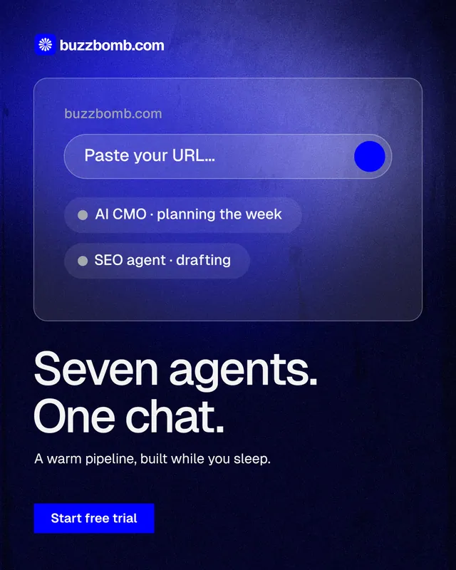 Instagram portrait post for BuzzBomb: "Seven agents. One chat." Swiss style, bottom layout, dark palette in black, blue.