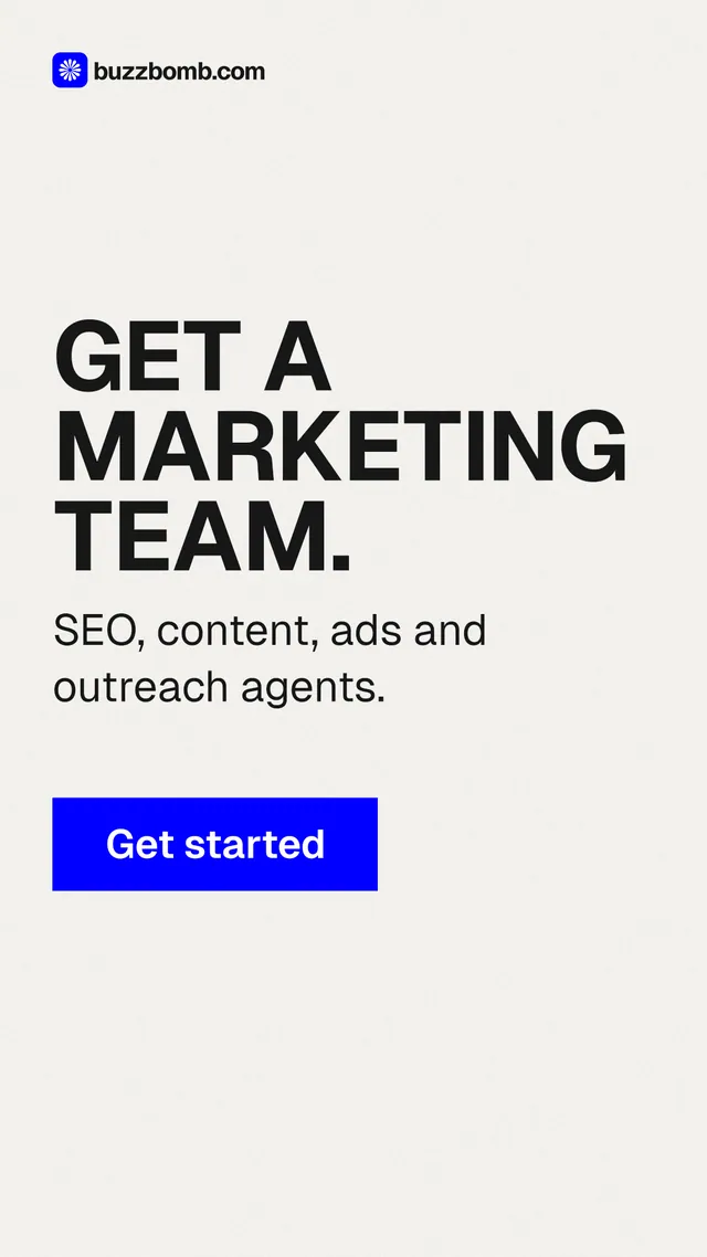 Instagram story for BuzzBomb: "Get a marketing team." Swiss style, skeleton layout, light palette in white, blue.