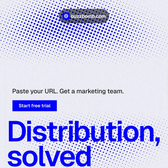 Instagram post for BuzzBomb: "Distribution, solved." Split block style, oversized layout, light palette in white, blue.