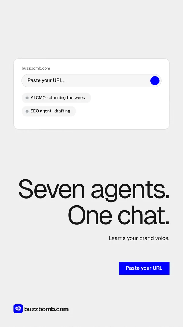 Instagram story for BuzzBomb: "Seven agents. One chat." Swiss style, right layout, light palette in white, grey.