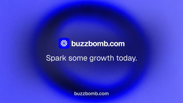 Landscape graphic for BuzzBomb: "Spark some growth today." Swiss style, end card layout, dark palette in blue.