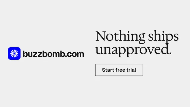 Landscape graphic for BuzzBomb: "Nothing ships unapproved." Editorial style, logo hero layout, light palette in white, grey.