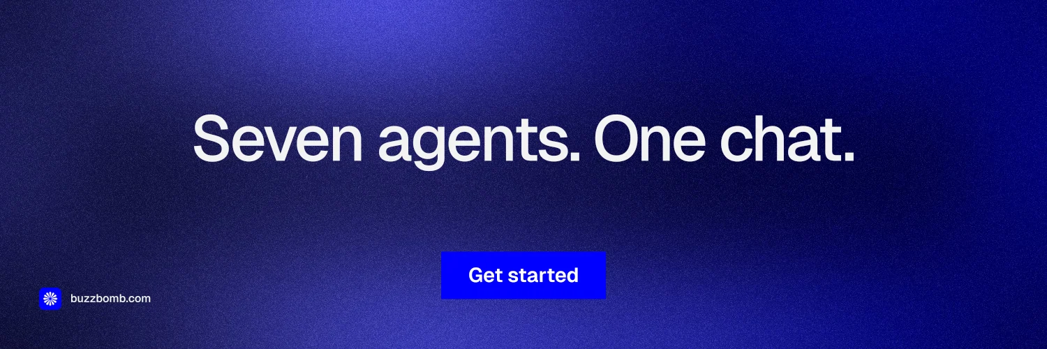 X header for BuzzBomb: "Seven agents. One chat." Swiss style, centred layout, dark palette in blue.