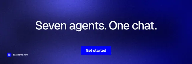 X header for BuzzBomb: "Seven agents. One chat." Swiss style, centred layout, dark palette in blue.