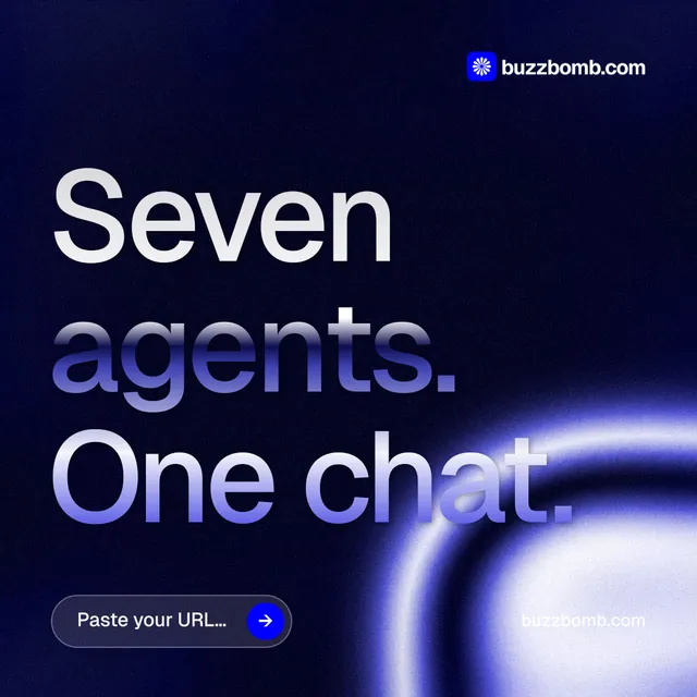 Instagram post for BuzzBomb: "Seven agents. One chat." Agentic glass style, poster layout, dark palette in black, blue.