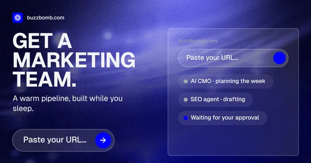 Social ad for BuzzBomb: "Get a marketing team." Agentic glass style, bottom layout, dark palette in blue.