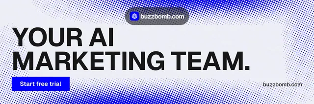 X header for BuzzBomb: "Your AI marketing team." Swiss style, poster layout, light palette in blue, white.