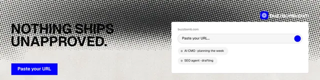 LinkedIn banner for BuzzBomb: "Nothing ships unapproved." Swiss style, bottom layout, light palette in white, grey.