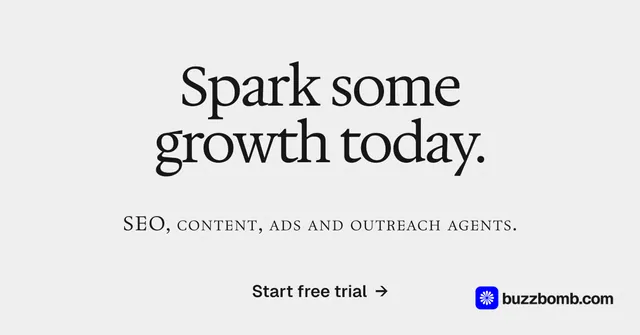 Social ad for BuzzBomb: "Spark some growth today." Swiss style, smallcaps layout, light palette in white, grey.