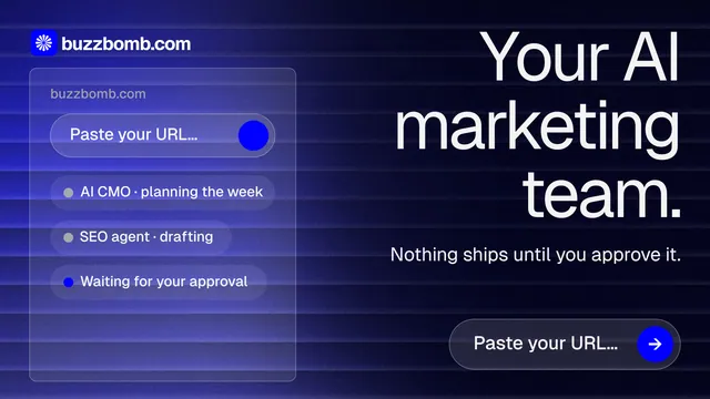 Landscape graphic for BuzzBomb: "Your AI marketing team." Agentic glass style, right layout, dark palette in black, blue.