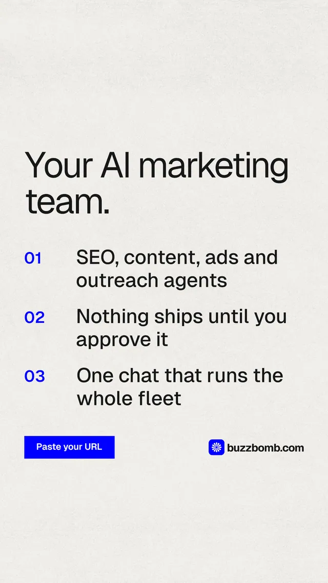 Instagram story for BuzzBomb: "Your AI marketing team." Swiss style, numbered layout, light palette in white, grey.