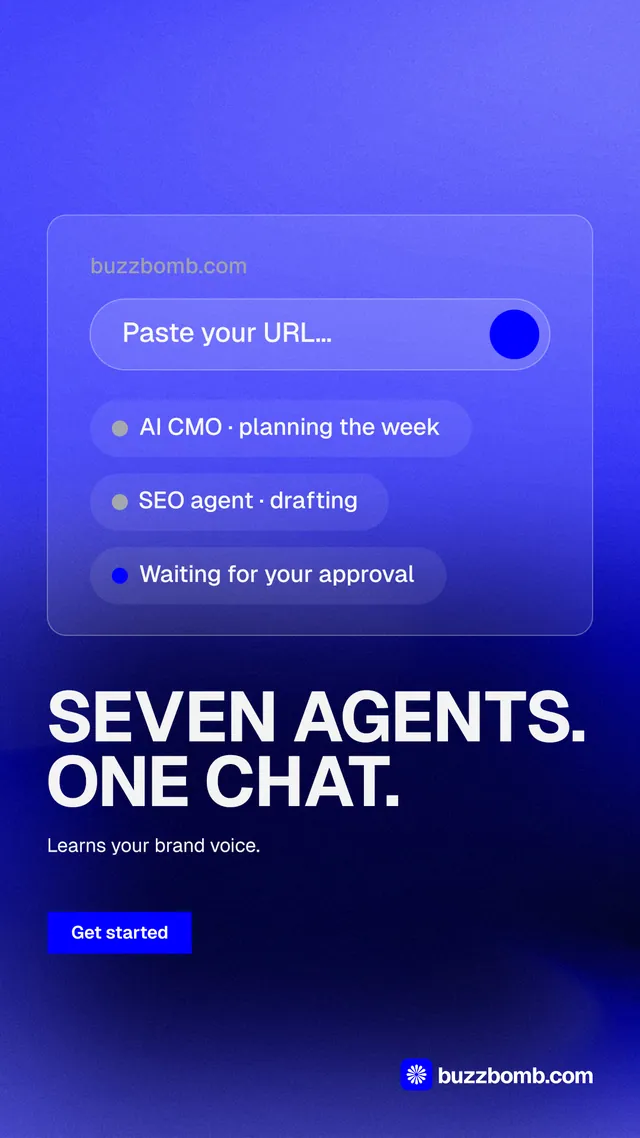 Instagram story for BuzzBomb: "Seven agents. One chat." Swiss style, bottom layout, dark palette in blue.