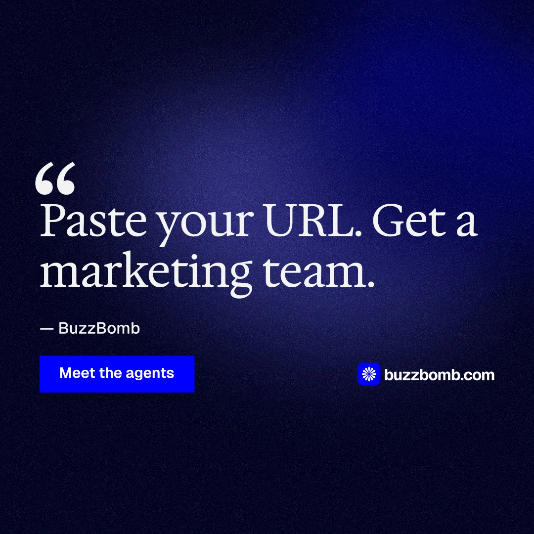 Instagram post for BuzzBomb: "One launch. A week of posts." Swiss style, quote layout, dark palette in black, blue.