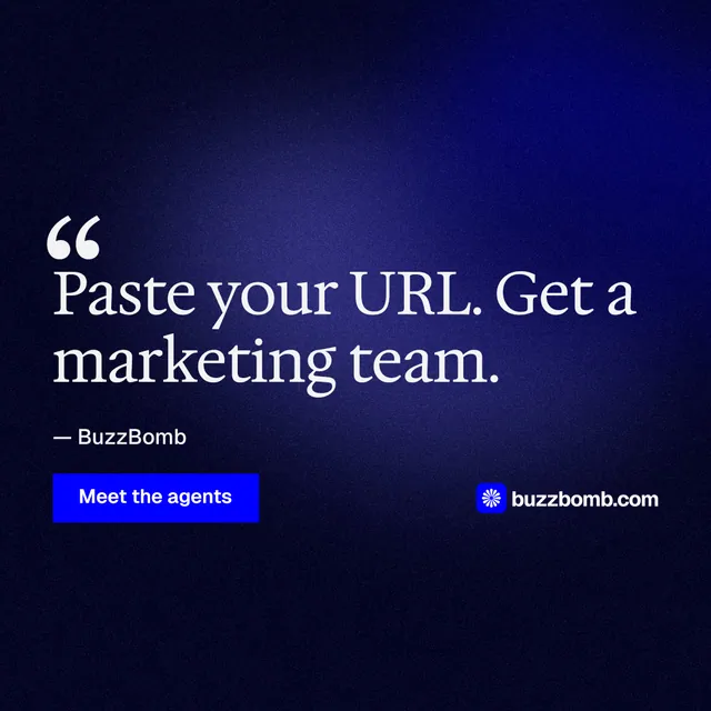 Instagram post for BuzzBomb: "One launch. A week of posts." Swiss style, quote layout, dark palette in black, blue.