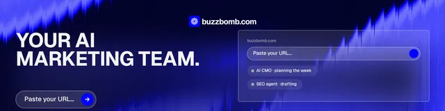LinkedIn banner for BuzzBomb: "Your AI marketing team." Agentic glass style, bottom layout, dark palette in black, blue.