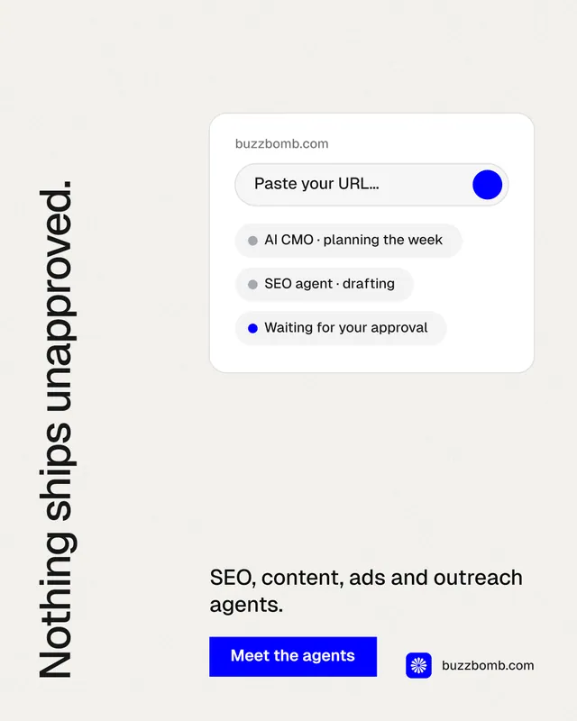 Instagram portrait post for BuzzBomb: "Nothing ships unapproved." Swiss style, vertical layout, light palette in white.