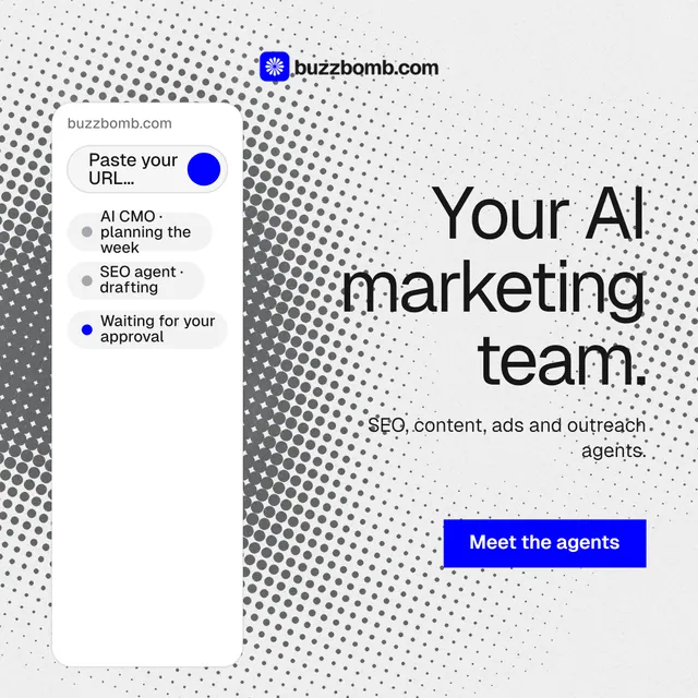 Instagram post for BuzzBomb: "Your AI marketing team." Swiss style, right layout, light palette in white, grey.