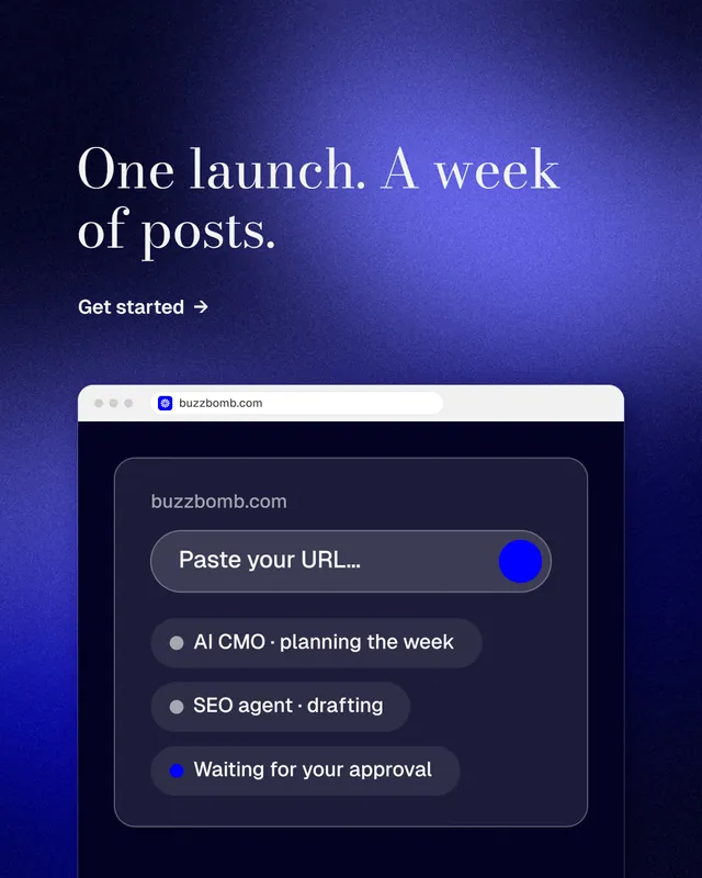 Instagram portrait post for BuzzBomb: "One launch. A week of posts." Minimal luxury style, browser layout, dark palette in blue, black.
