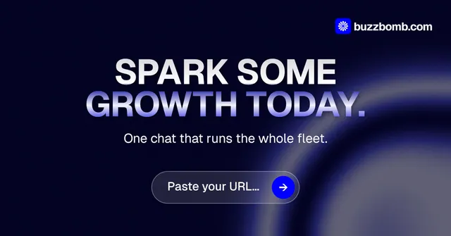 Social ad for BuzzBomb: "Spark some growth today." Agentic glass style, centred layout, dark palette in black, grey, blue.