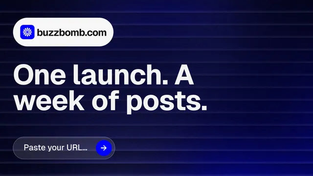 Landscape graphic for BuzzBomb: "One launch. A week of posts." Agentic glass style, announce layout, dark palette in blue, black, grey.