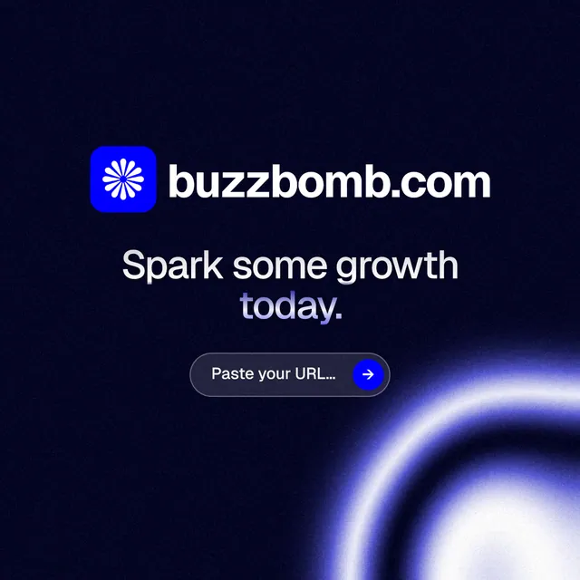 Instagram post for BuzzBomb: "Spark some growth today." Agentic glass style, logo hero layout, dark palette in black, blue.