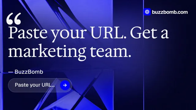 Landscape graphic for BuzzBomb: "Get a marketing team." Agentic glass style, quote layout, dark palette in black, blue.