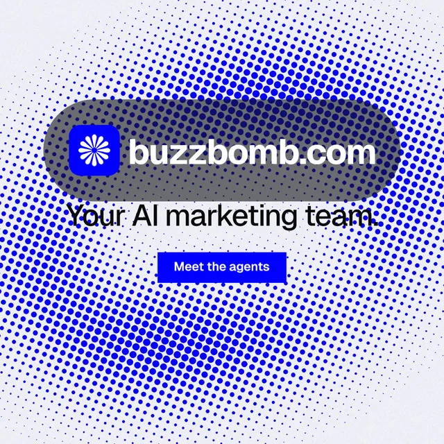 Instagram post for BuzzBomb: "Your AI marketing team." Swiss style, logo hero layout, light palette in blue, white.