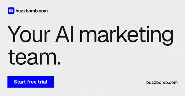 Social ad for BuzzBomb: "Your AI marketing team." Swiss style, poster layout, light palette in white, grey.