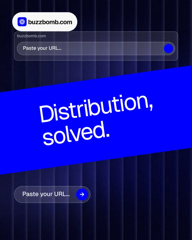 Instagram portrait post for BuzzBomb: "Distribution, solved." Agentic glass style, diagonal layout, dark palette in black, blue.