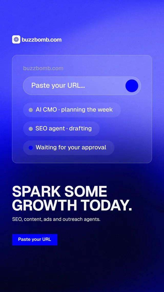 Instagram story for BuzzBomb: "Spark some growth today." Swiss style, bottom layout, dark palette in blue, black.
