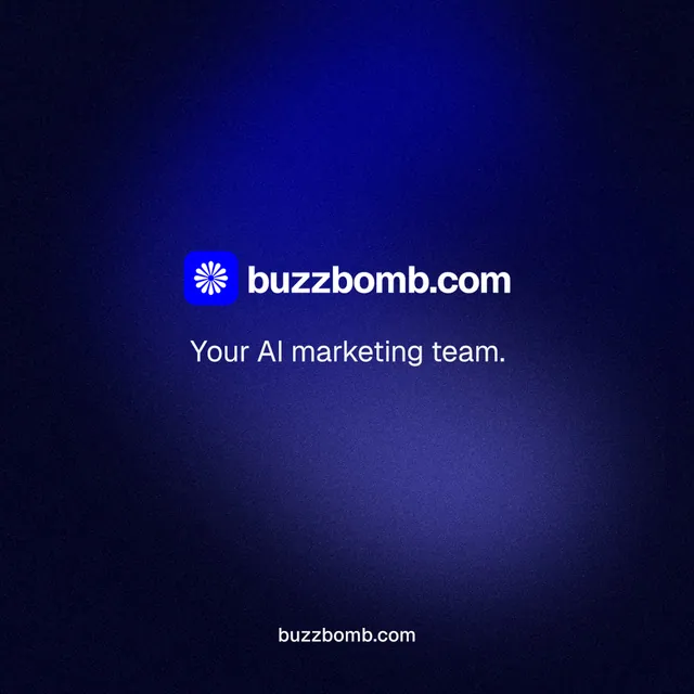 Instagram post for BuzzBomb: "Your AI marketing team." Agentic glass style, end card layout, dark palette in black, blue.
