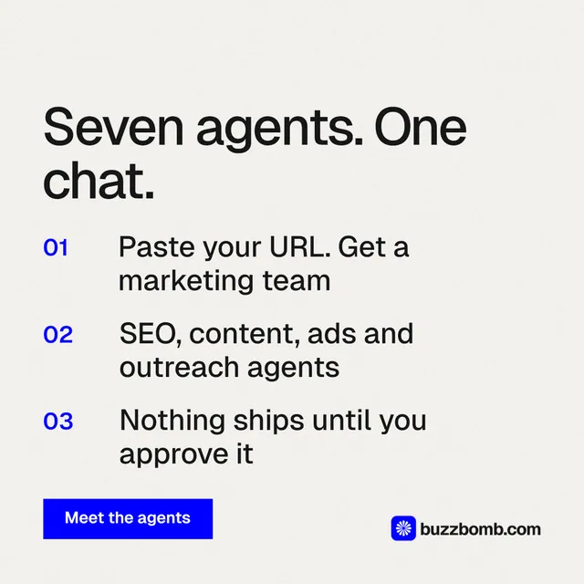 Instagram post for BuzzBomb: "Seven agents. One chat." Swiss style, numbered layout, light palette in white, grey.