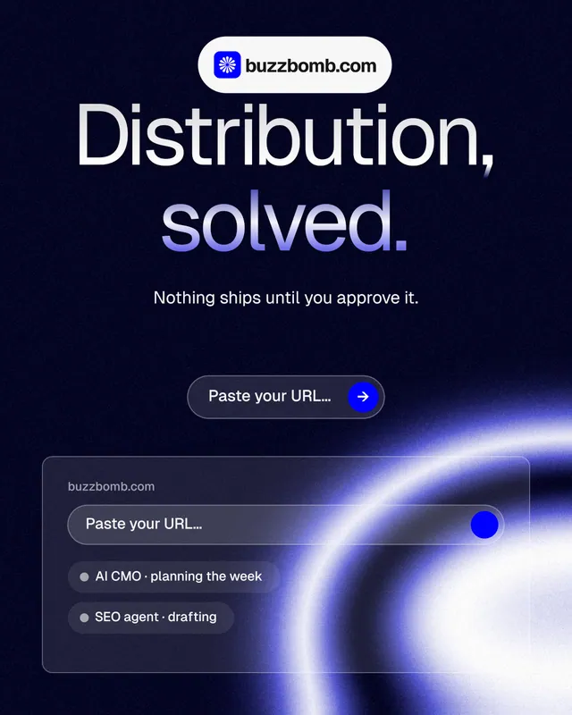 Instagram portrait post for BuzzBomb: "Distribution, solved." Agentic glass style, centred layout, dark palette in black, blue.