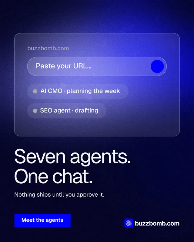 Instagram portrait post for BuzzBomb: "Seven agents. One chat." Swiss style, bottom layout, dark palette in black, blue.