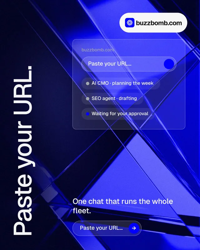 Instagram portrait post for BuzzBomb: "Paste your URL." Agentic glass style, vertical layout, dark palette in black, blue.