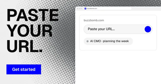 Social ad for BuzzBomb: "Paste your URL." Swiss style, browser layout, light palette in white, grey.