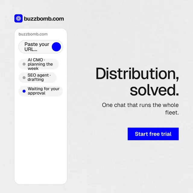 Instagram post for BuzzBomb: "Distribution, solved." Swiss style, right layout, light palette in white, blue.