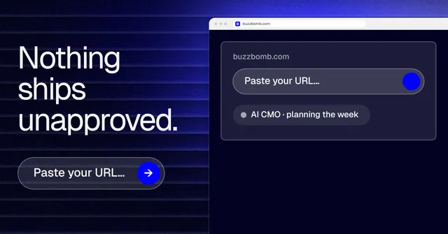 Social ad for BuzzBomb: "Nothing ships unapproved." Agentic glass style, browser layout, dark palette in blue, black, grey.