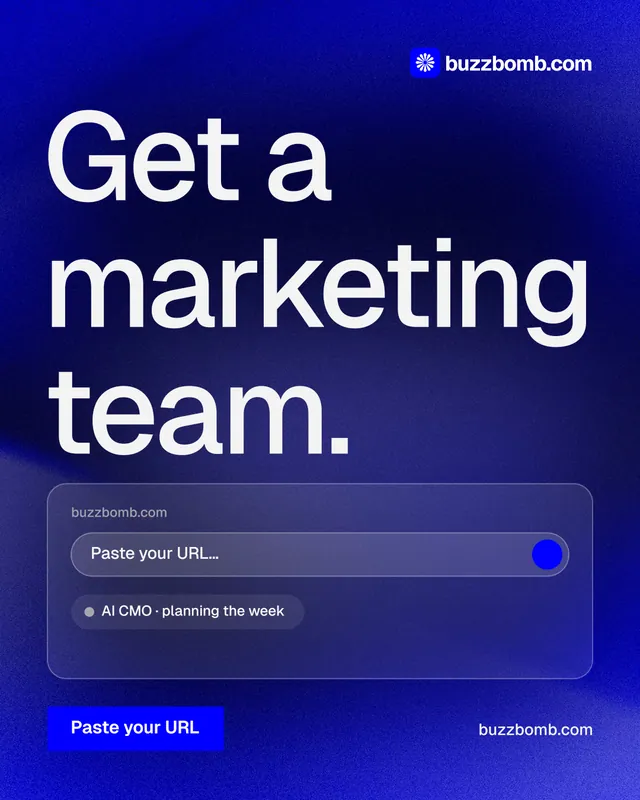 Instagram portrait post for BuzzBomb: "Get a marketing team." Swiss style, poster layout, dark palette in blue, grey.