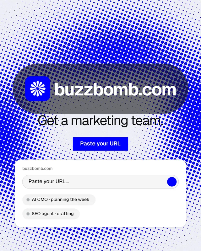 Instagram portrait post for BuzzBomb: "Get a marketing team." Swiss style, logo hero layout, light palette in blue, white.