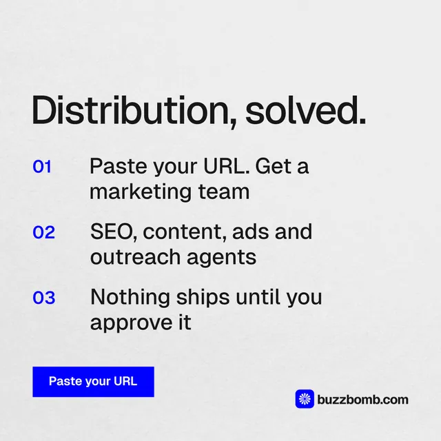 Instagram post for BuzzBomb: "Distribution, solved." Swiss style, numbered layout, light palette in white, grey.