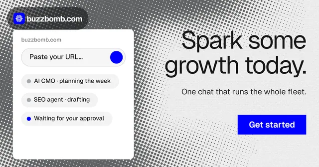 Social ad for BuzzBomb: "Spark some growth today." Swiss style, right layout, light palette in white, grey.