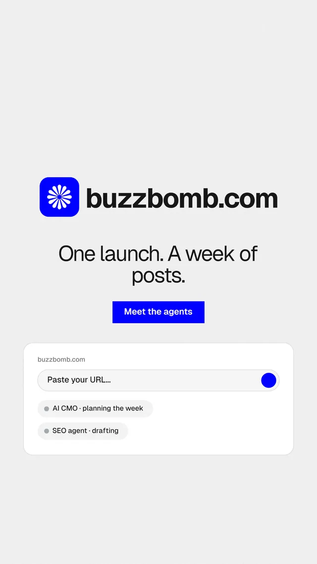 Instagram story for BuzzBomb: "One launch. A week of posts." Swiss style, logo hero layout, light palette in white, blue.