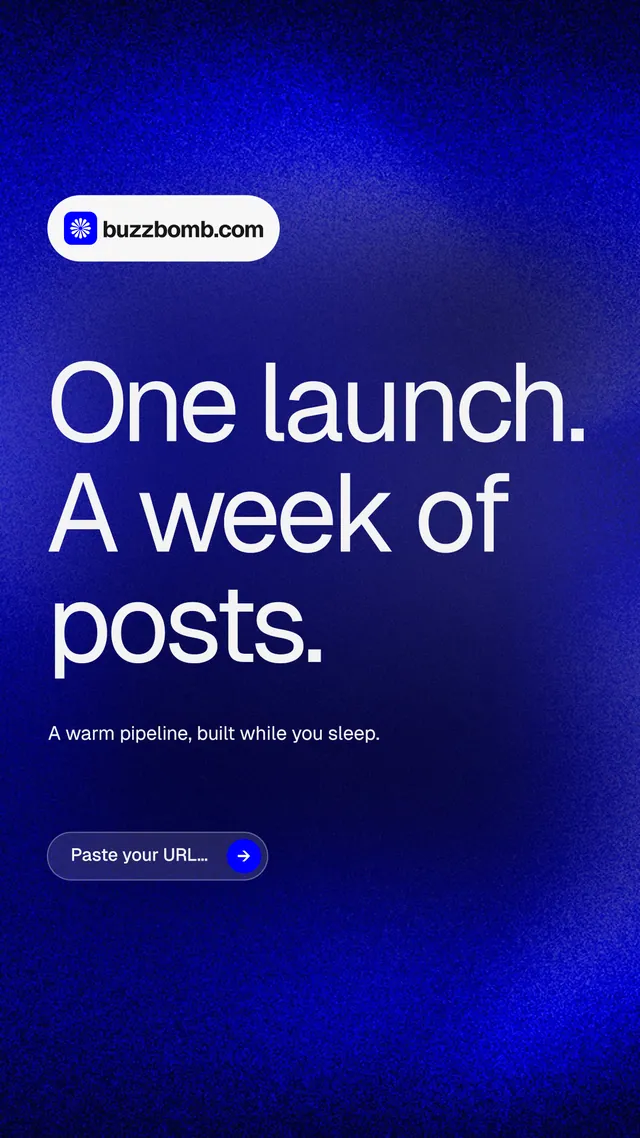 Instagram story for BuzzBomb: "One launch. A week of posts." Agentic glass style, announce layout, dark palette in blue.