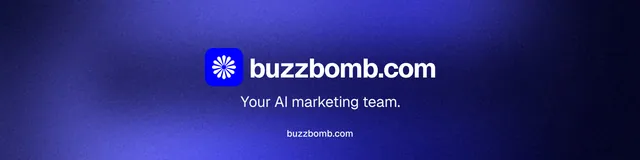 LinkedIn banner for BuzzBomb: "Your AI marketing team." Swiss style, end card layout, dark palette in blue.