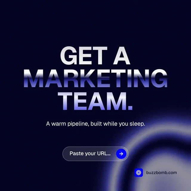 Instagram post for BuzzBomb: "Get a marketing team." Agentic glass style, centred layout, dark palette in black, blue.